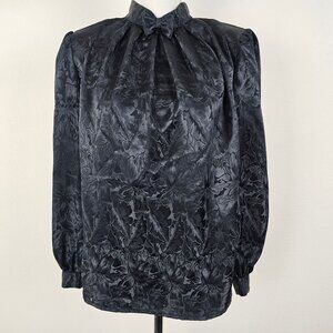 Ann Chabrol Womens Top Black Satin Floral High Neck Long Sleeve Bow Tie Size 10
